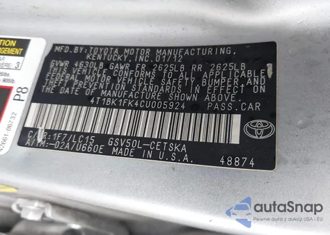 2012 Toyota Camry Se V6 z USA, uszkodzony, nr VIN 4T1BK1FK4CU005924